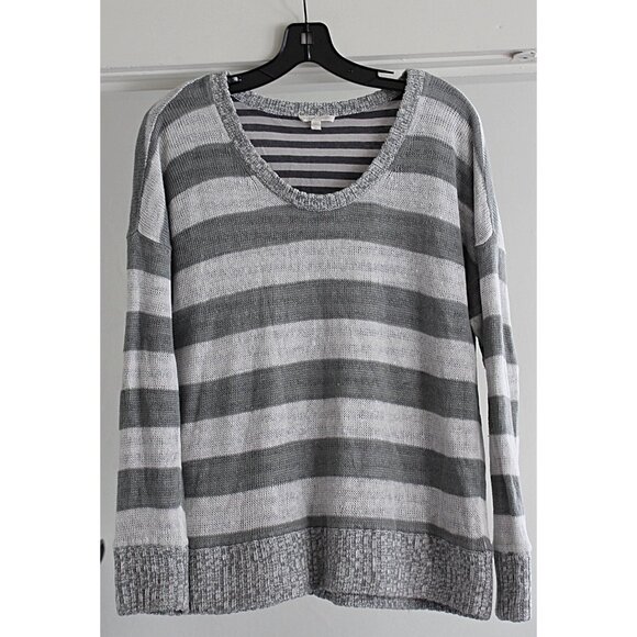 Eileen Fisher - Coastal Beach Asthetic 2 Layer Linen Strip Top, Grey White Med - Picture 2 of 9